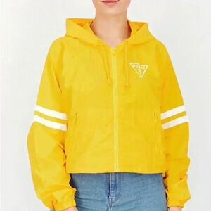 Women Sport Fit Hooded Long Sleeve Embroidered Logo Jacket, Yellow Size XL